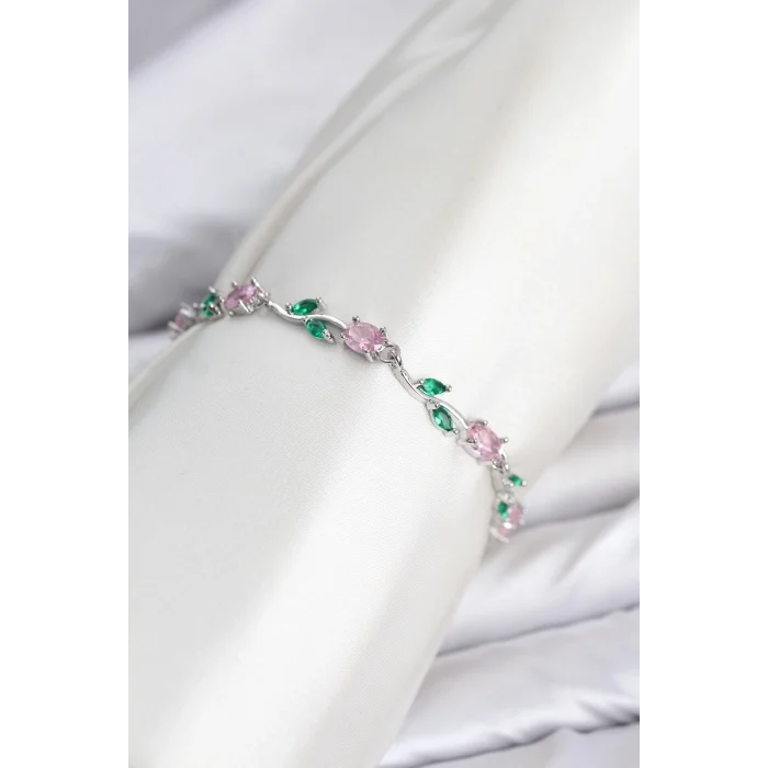 Mey İthalat® Pirinç Gümüş Renk Pembe Zirkon Taşlı Çiçek Model Kadın Bileklik