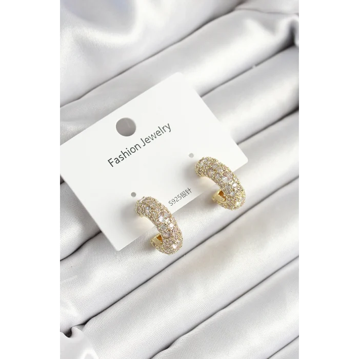 Mey İthalat® Pirinç Zirkon Taşlı Halka Model Gold Renk Kadın Küpe