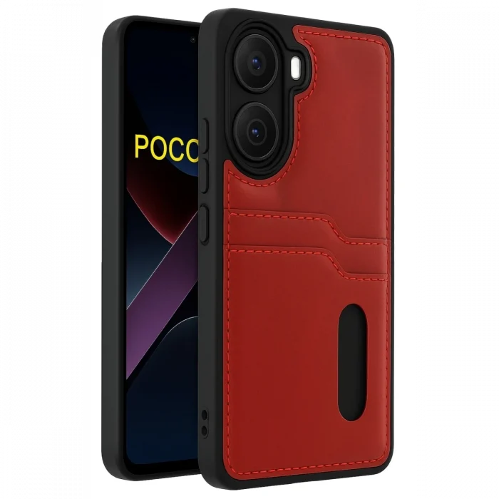 Mey İthalat®   Poco X7 Pro Kılıf Sara Kartvizitli Deri Kılıf - Kırmızı