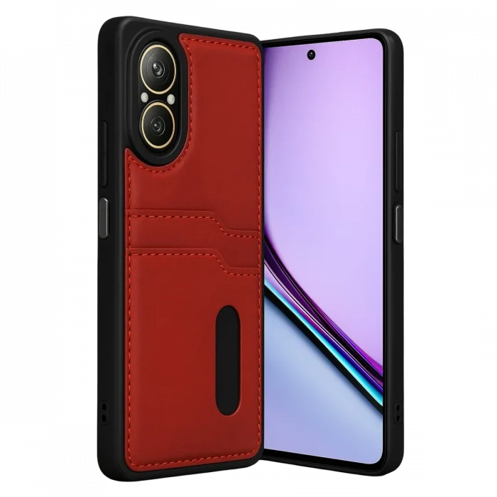 Mey İthalat®  Realme 12 Lite Kılıf Sara Kartvizitli Deri Kılıf - Kırmızı