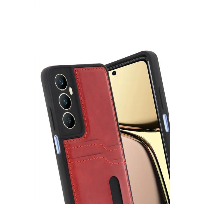 Mey İthalat®  Realme C65 Sara Kartvizitli Deri Kılıf - Kırmızı