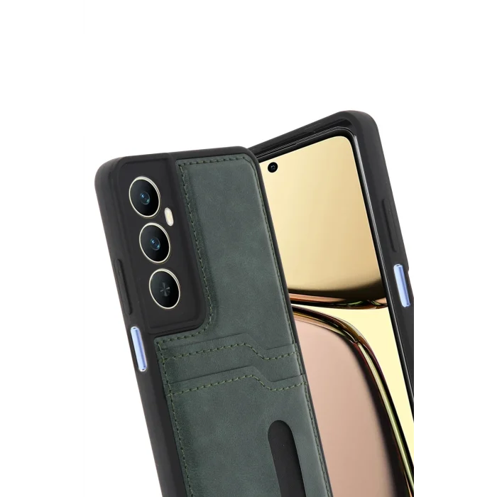 Mey İthalat®  Realme C65 Sara Kartvizitli Deri Kılıf - Yeşil