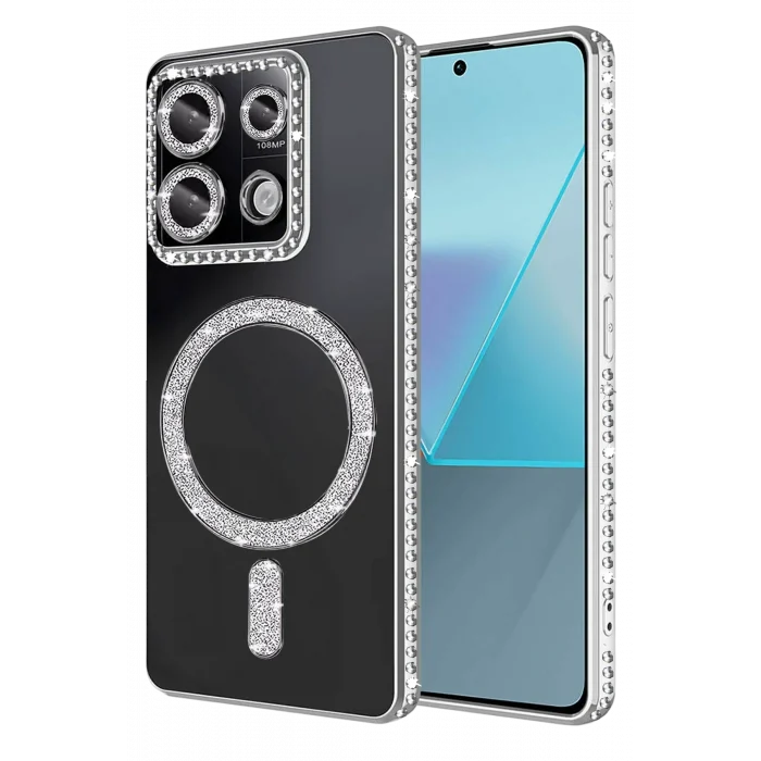 Mey İthalat®   Redmi 13C Joke Simli Magneticsafe Kılıf - Gümüş