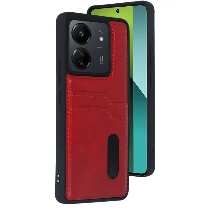 Mey İthalat®   Redmi 13C Kılıf Sara Kartvizitli Deri Kılıf - Kırmızı