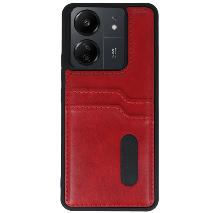 Mey İthalat®   Redmi 13C Kılıf Sara Kartvizitli Deri Kılıf - Kırmızı