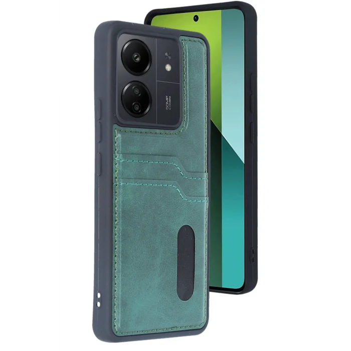 Mey İthalat®   Redmi 13C Kılıf Sara Kartvizitli Deri Kılıf - Koyu Yeşil