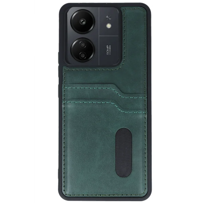 Mey İthalat®   Redmi 13C Kılıf Sara Kartvizitli Deri Kılıf - Koyu Yeşil