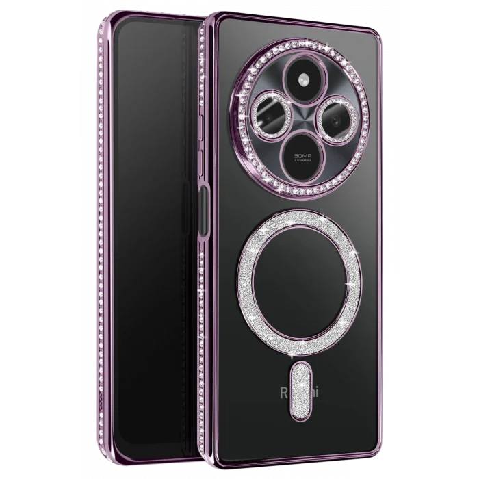Mey İthalat®   Redmi 14C Joke Simli Magneticsafe Kılıf - Derin Mor