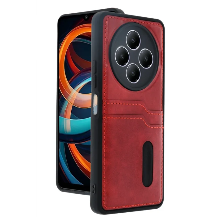 Mey İthalat®   Redmi 14C Kılıf Sara Kartvizitli Deri Kılıf - Kırmızı