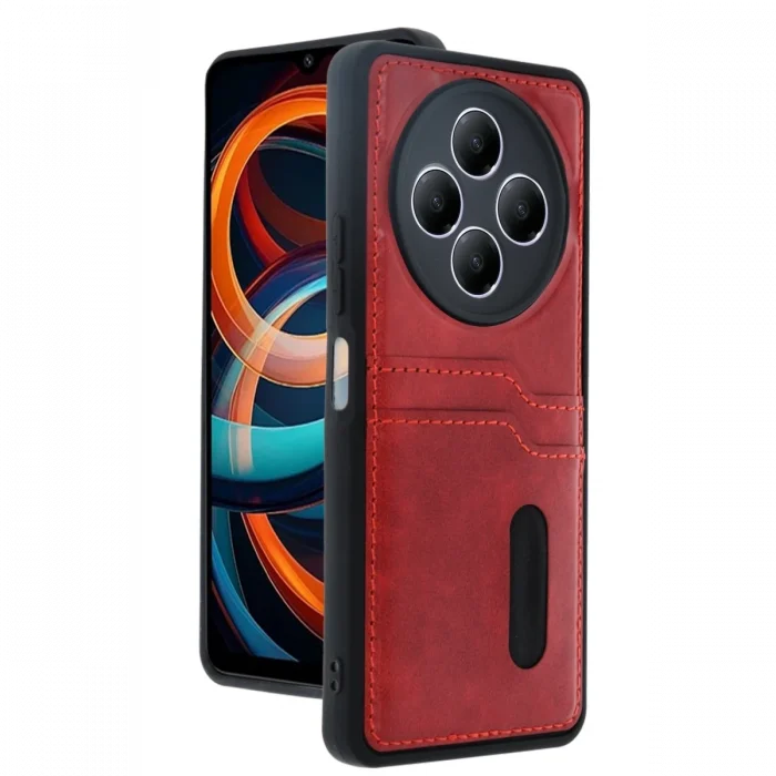 Mey İthalat®   Redmi 14C Kılıf Sara Kartvizitli Deri Kılıf - Kırmızı