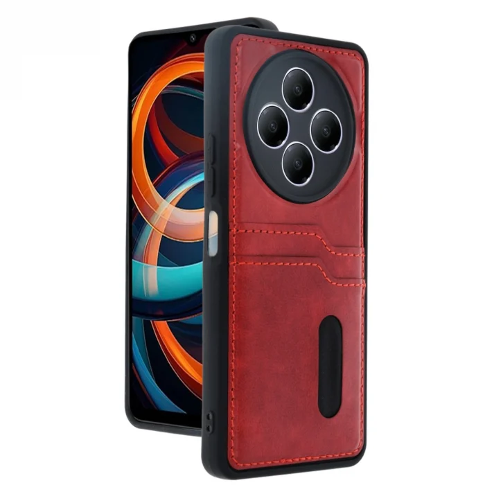 Mey İthalat®   Redmi 14C Kılıf Sara Kartvizitli Deri Kılıf - Kırmızı