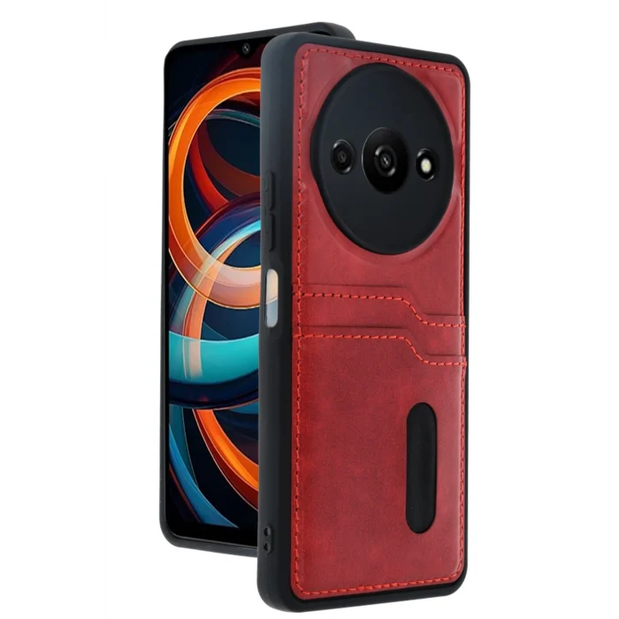 Mey İthalat®   Redmi A3 4G Kılıf Sara Kartvizitli Deri Kılıf - Kırmızı