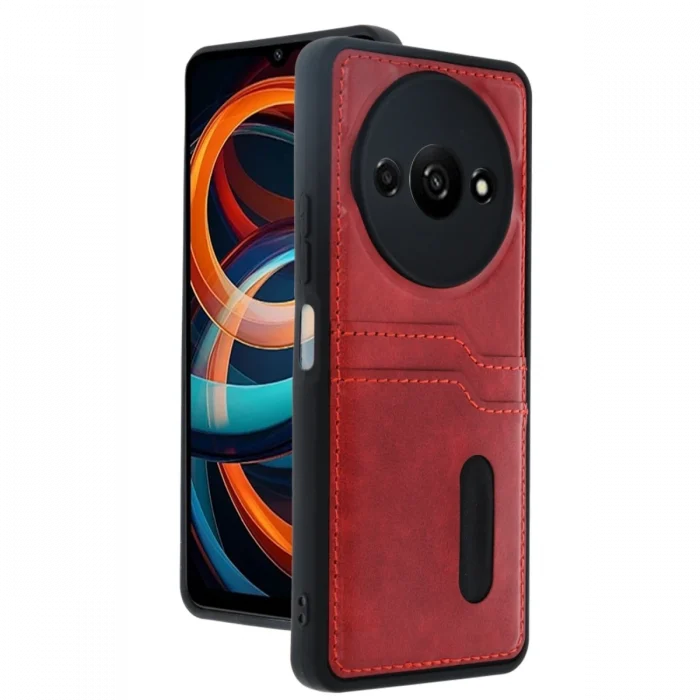 Mey İthalat®   Redmi A3 4G Kılıf Sara Kartvizitli Deri Kılıf - Kırmızı