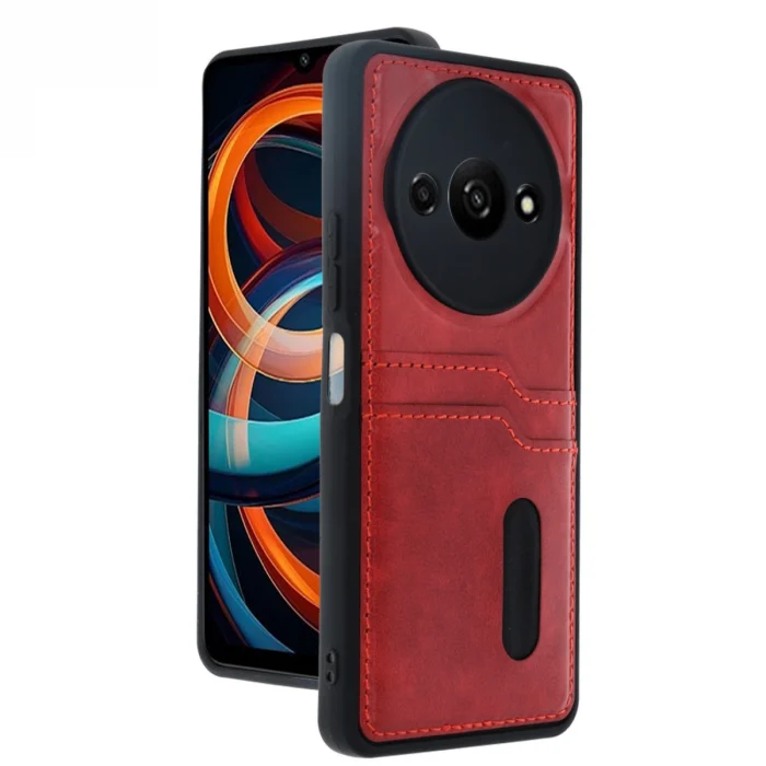 Mey İthalat®   Redmi A3 4G Kılıf Sara Kartvizitli Deri Kılıf - Kırmızı