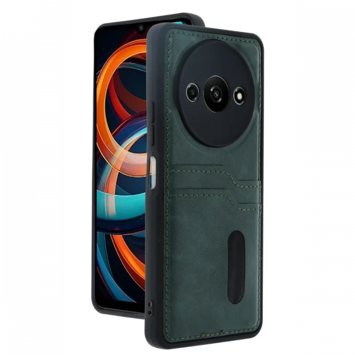 Mey İthalat®   Redmi A3 4G Kılıf Sara Kartvizitli Deri Kılıf - Koyu Yeşil