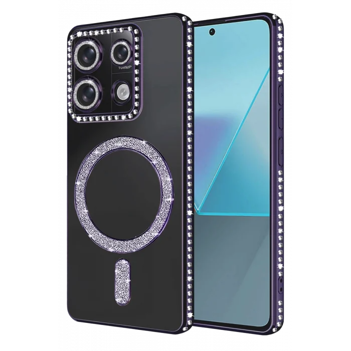 Mey İthalat®   Redmi Note 13 Pro 4G Joke Simli Magneticsafe Kılıf - Derin Mor