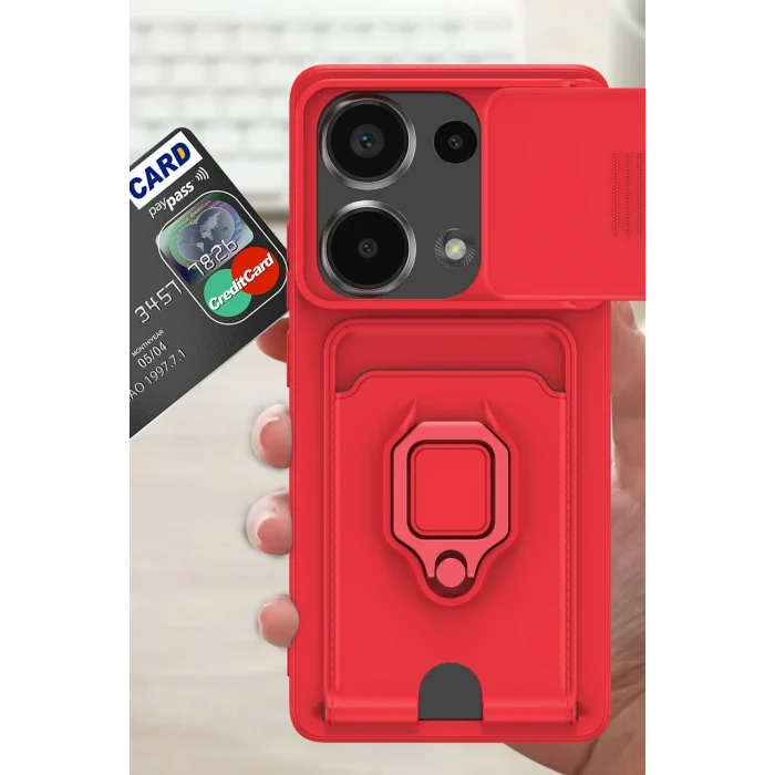 Mey İthalat®   Redmi Note 13 Pro 4G Kılıf Zuma Kartvizitli Yüzüklü Silikon - Kırmızı