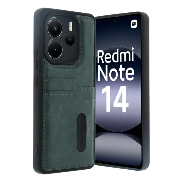 Mey İthalat®   Redmi Note 14 4G Kılıf Sara Kartvizitli Deri Kılıf - Koyu Yeşil