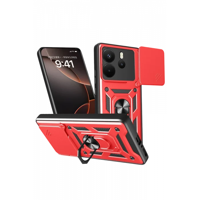 Mey İthalat®   Redmi Note 14 4G Pars Lens Yüzüklü Silikon - Kırmızı
