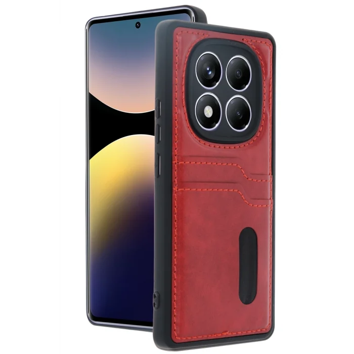 Mey İthalat®   Redmi Note 14 Pro 4G Kılıf Sara Kartvizitli Deri Kılıf - Kırmızı