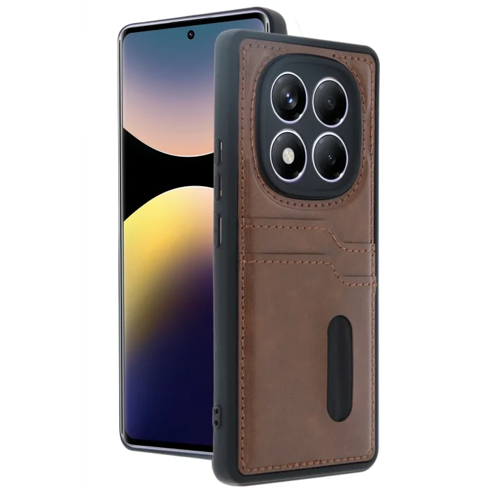 Mey İthalat®   Redmi Note 14 Pro 5G Kılıf Sara Kartvizitli Deri Kılıf - Taba