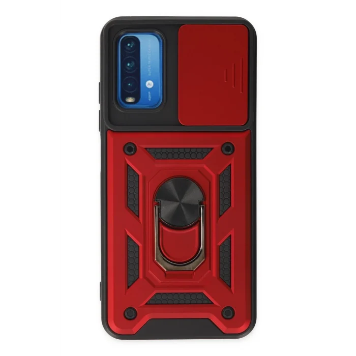 Mey İthalat®   Redmi Note 9 4G Kılıf Pars Lens Yüzüklü Silikon - Kırmızı