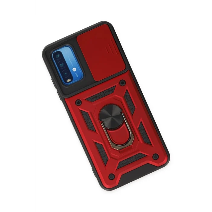 Mey İthalat®   Redmi Note 9 4G Kılıf Pars Lens Yüzüklü Silikon - Kırmızı