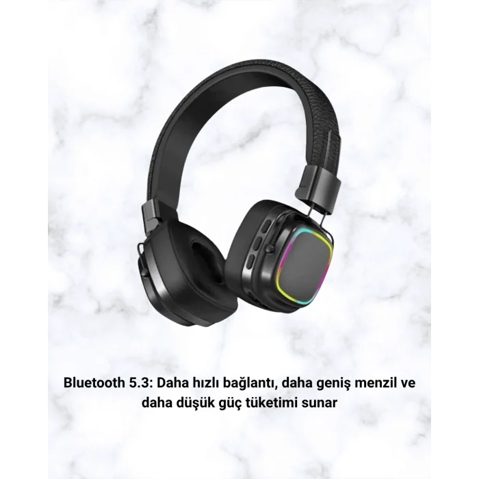 Mey İthalat® Renkli Işık Efektli Bluetooth 5.3 Müzik Kulaklığı Yeni Nesil
