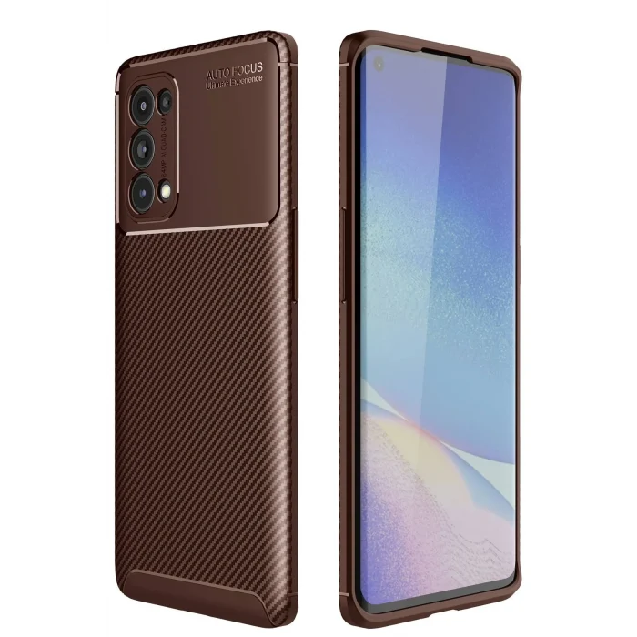 Mey İthalat®   Reno 5 Pro Kılıf Auto Focus Karbon Kapak - Kahverengi