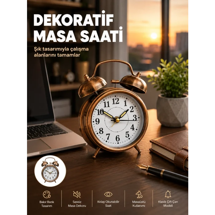 Mey İthalat® Retro Tarz Bronz Dekoratif Masa Saati Metal Gövde Yüksek Sesli Alarm
