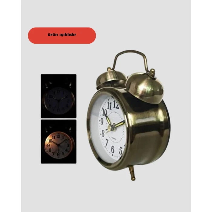 Mey İthalat® Retro Tarz Bronz Dekoratif Masa Saati Metal Gövde Yüksek Sesli Alarm