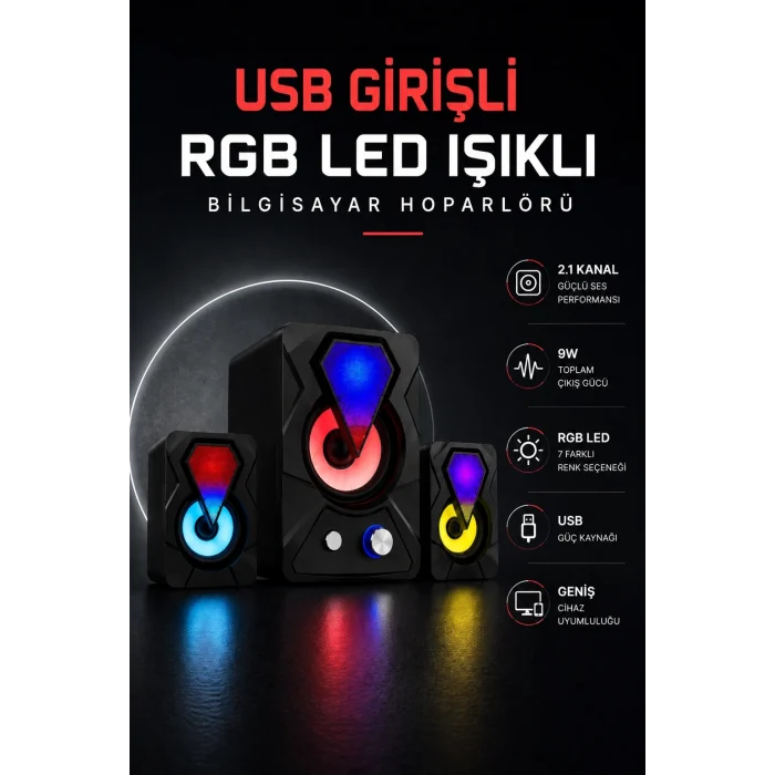 Mey İthalat® RGB LED AYDINLATMALI USB BİLGİSAYAR OYUN HOPARLÖRÜ