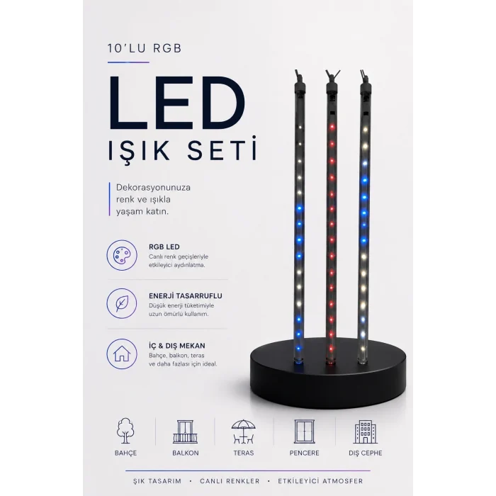 Mey İthalat® RGB LED Dış Ve İç Mekan Süsleme Işığı 10 Çubuklu Şerit