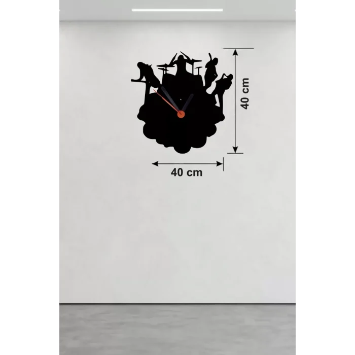 Mey İthalat® Rock Band ve Müzik Temalı Ahşap Duvar Saati - 40x40 cm Lazer Kesim