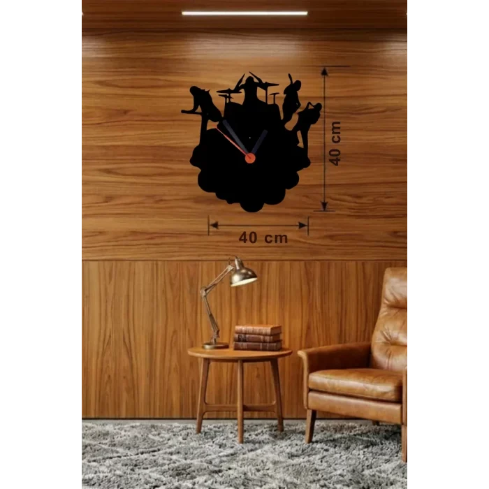 Mey İthalat® Rock Band ve Müzik Temalı Ahşap Duvar Saati - 40x40 cm Lazer Kesim