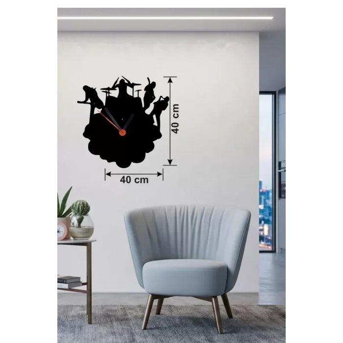 Mey İthalat® Rock Band ve Müzik Temalı Ahşap Duvar Saati - 40x40 cm Lazer Kesim