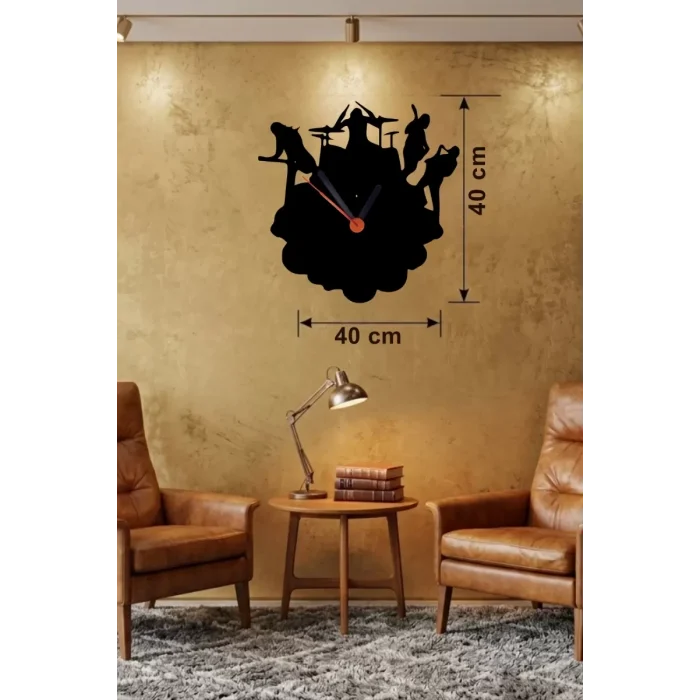 Mey İthalat® Rock Band ve Müzik Temalı Ahşap Duvar Saati - 40x40 cm Lazer Kesim