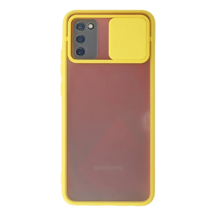 Mey İthalat®  Samsung Galaxy A02S Kılıf Palm Buzlu Kamera Sürgülü Silikon - Sarı