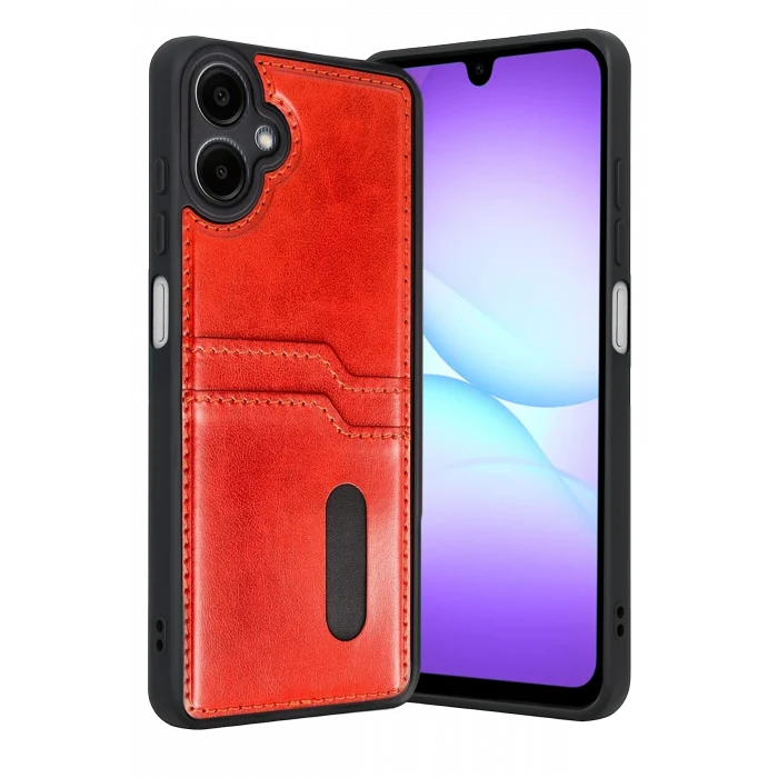 Mey İthalat®  Samsung Galaxy A07 4G Sara Kartvizitli Deri Kılıf - Kırmızı
