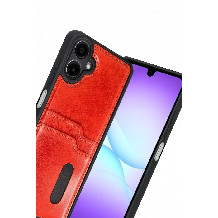 Mey İthalat®  Samsung Galaxy A07 4G Sara Kartvizitli Deri Kılıf - Kırmızı