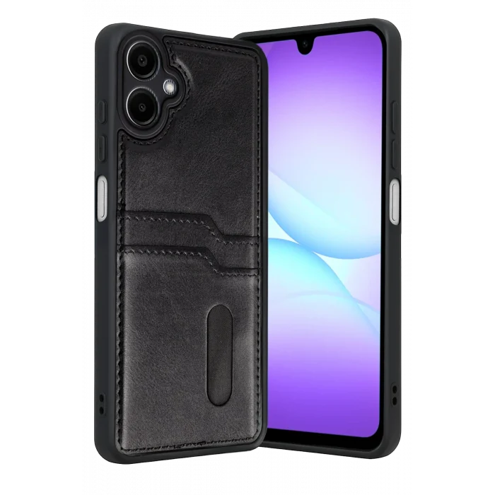 Mey İthalat®  Samsung Galaxy A07 4G Sara Kartvizitli Deri Kılıf - Siyah
