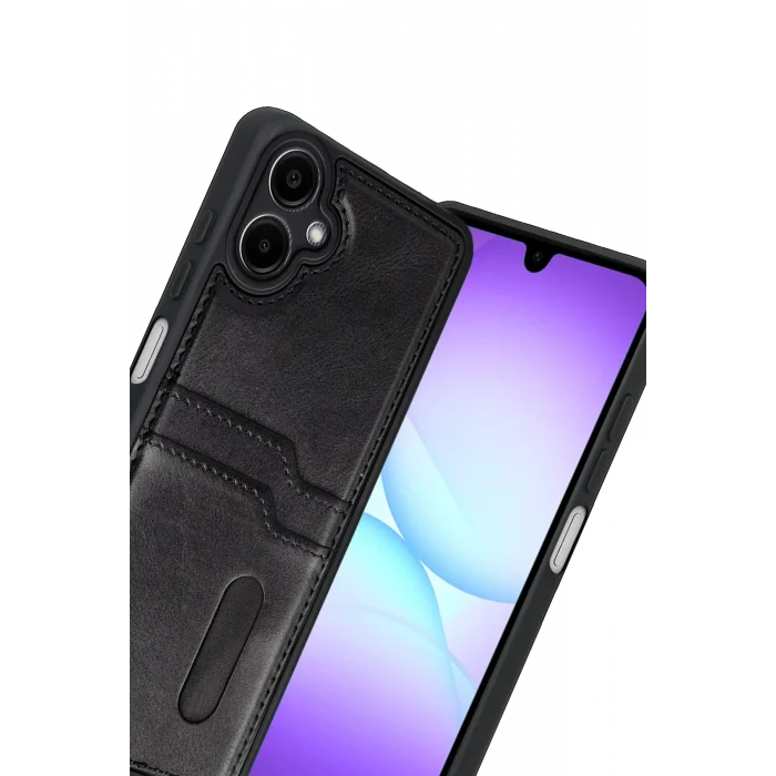 Mey İthalat®  Samsung Galaxy A07 4G Sara Kartvizitli Deri Kılıf - Siyah