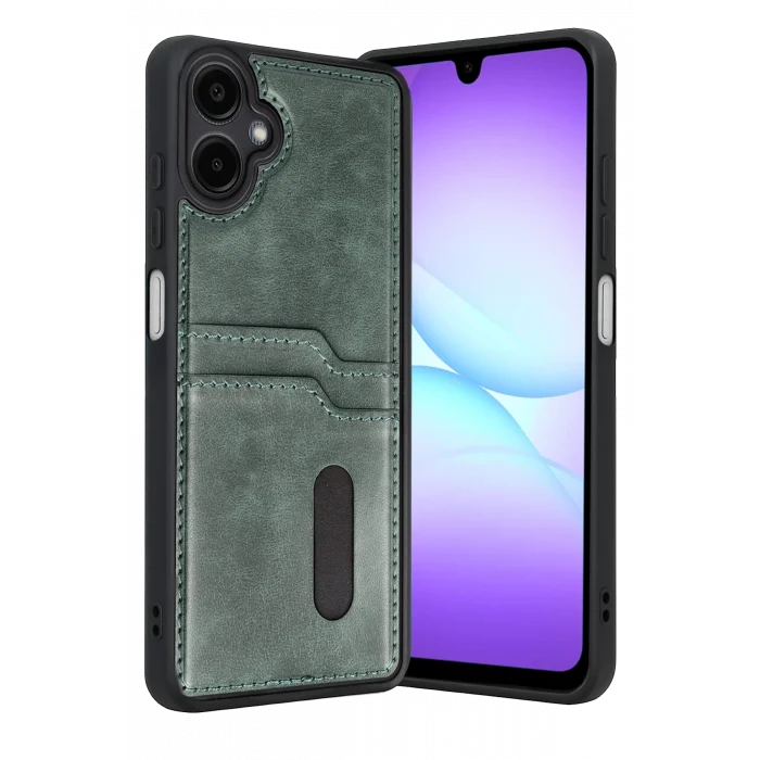Mey İthalat®  Samsung Galaxy A07 4G Sara Kartvizitli Deri Kılıf - Yeşil