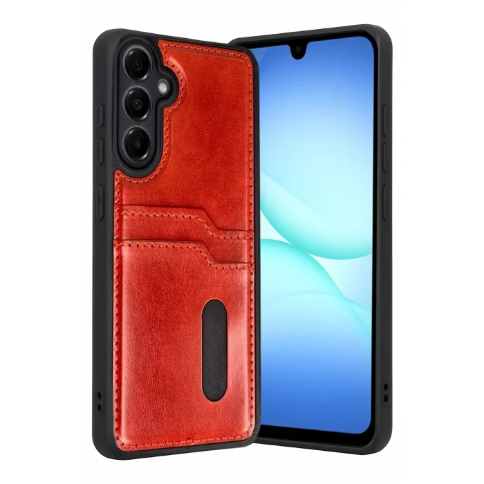 Mey İthalat®  Samsung Galaxy A37 5G Sara Kartvizitli Deri Kılıf - Kırmızı