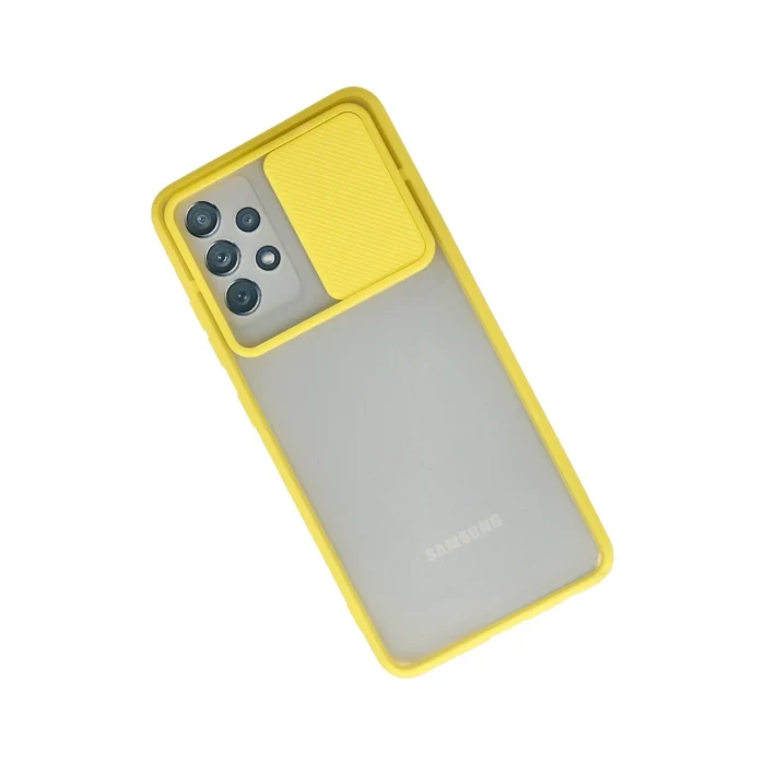 Mey İthalat®  Samsung Galaxy A52 Kılıf Palm Buzlu Kamera Sürgülü Silikon - Sarı
