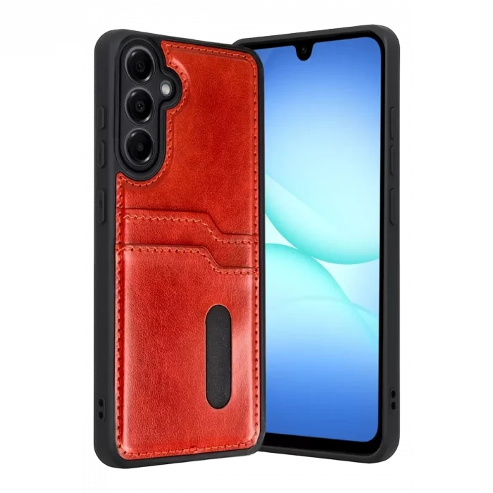 Mey İthalat®  Samsung Galaxy A57 5G Sara Kartvizitli Deri Kılıf - Kırmızı