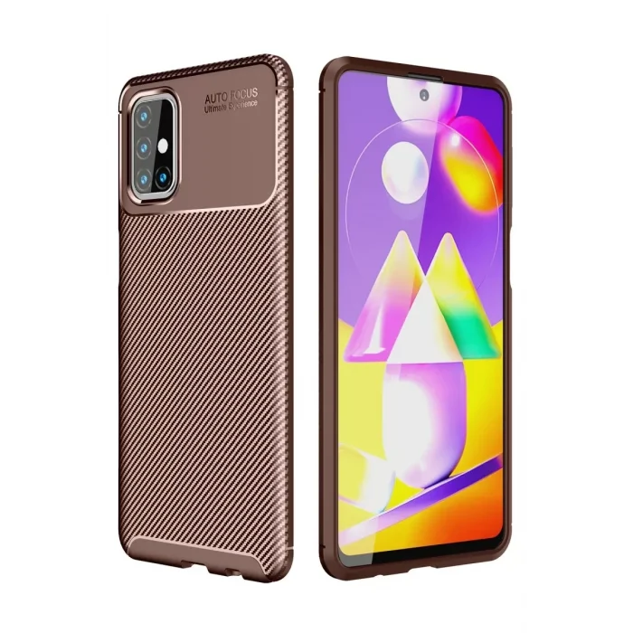 Mey İthalat®  Samsung Galaxy M31S Kılıf Auto Focus Karbon Kapak - Kahverengi