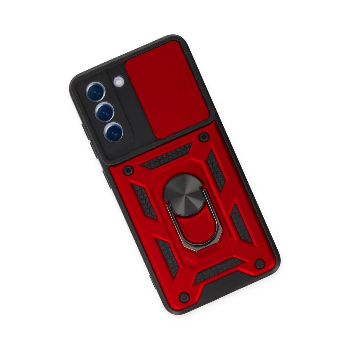 Mey İthalat®  Samsung Galaxy S21 FE Kılıf Pars Lens Yüzüklü Silikon - Kırmızı