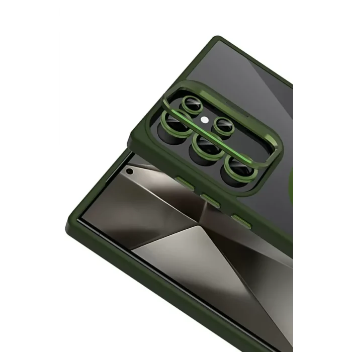 Mey İthalat®  Samsung Galaxy S23 Ultra Remim Lensli Magsafe Standlı Kapak - Koyu Yeşil