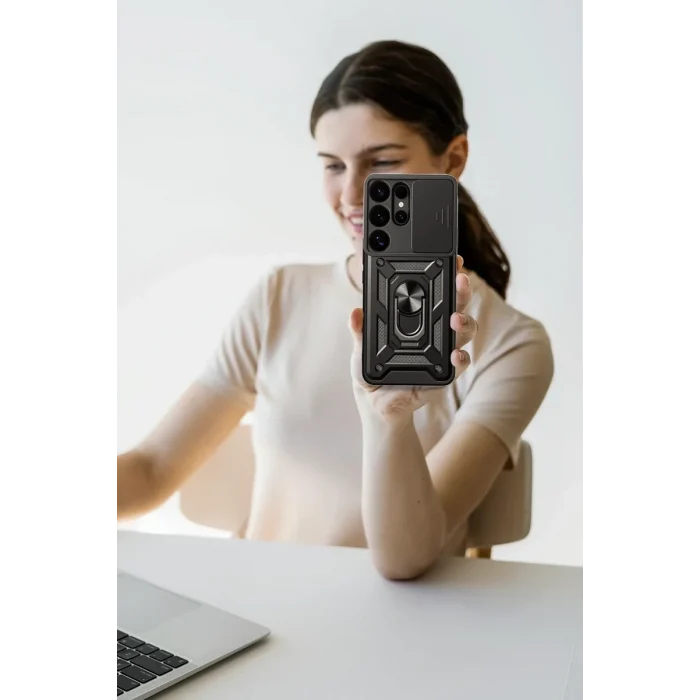 Mey İthalat®  Samsung Galaxy S25 Ultra Kılıf Pars Lens Yüzüklü Silikon - Kırmızı